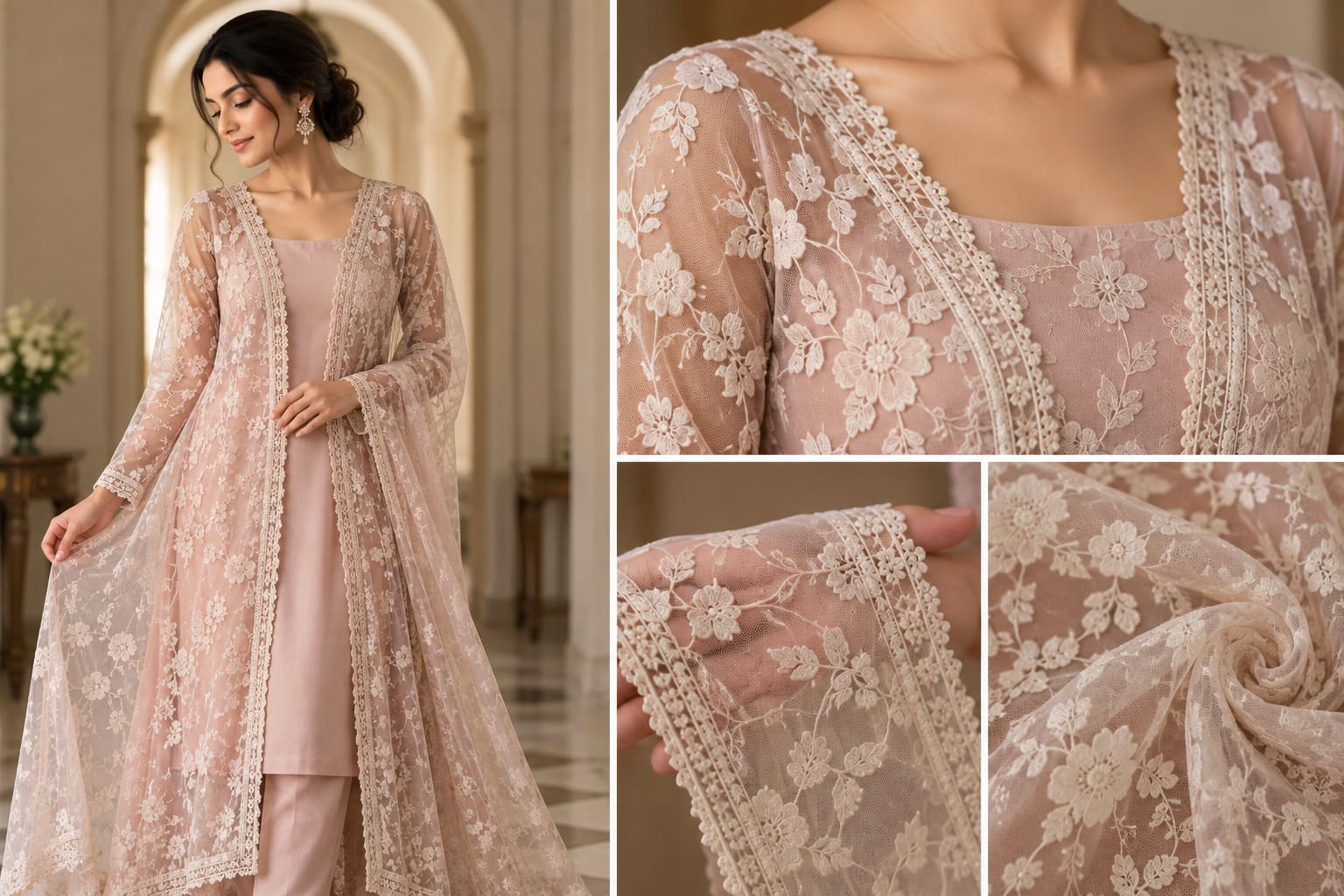 Woman wearing a blush pink embroidered lace suit with a sheer floral lace overlay